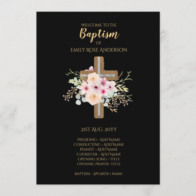 Baptism Program - Floral Cross Black Gold (Front)