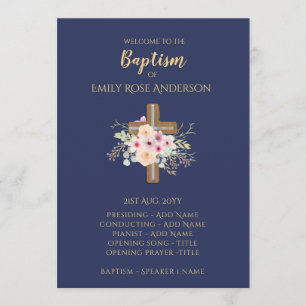 Baptism Program - Floral Cross BLUE Gold