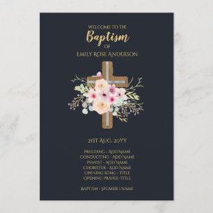 Baptism Program - Floral Cross Navy Blue Gold