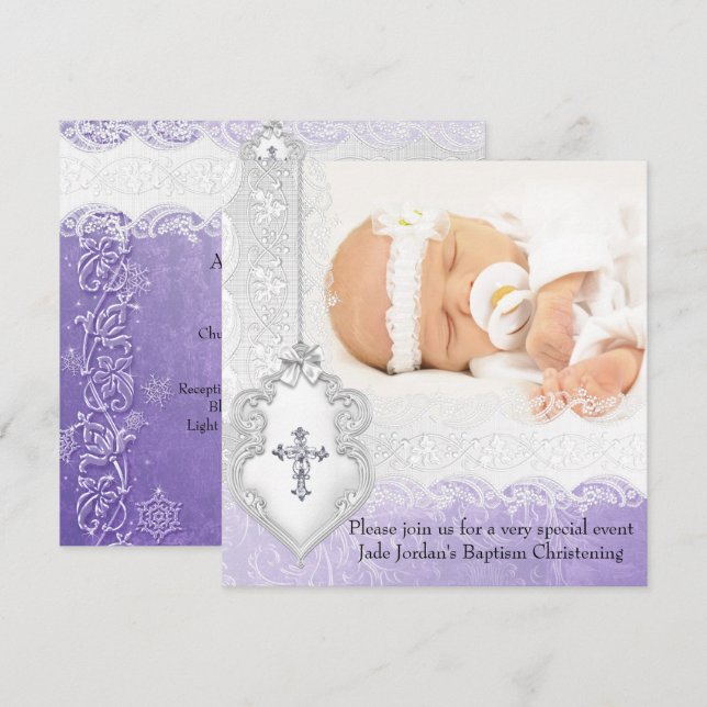 Baptism Purple White Lace Photo Jewel Cross Girl Invitation (Front/Back)