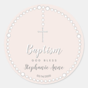 Baptism Rosary on Pink Classic Round Sticker