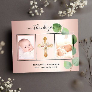 Baptism rose eucalyptus photo thank you card