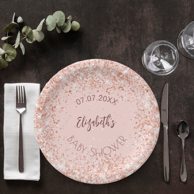 Baptism rose gold confetti girl name paper plate (Creator Uploaded)