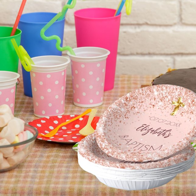 Baptism rose gold confetti girl name paper plate (Creator Uploaded)