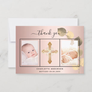 Baptism rose gold eucalyptus photo thank you card