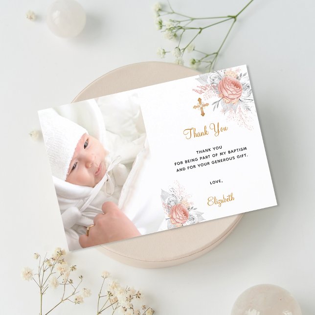 Baptism rose gold floral custom photo gold girl thank you card (Creator Uploaded)