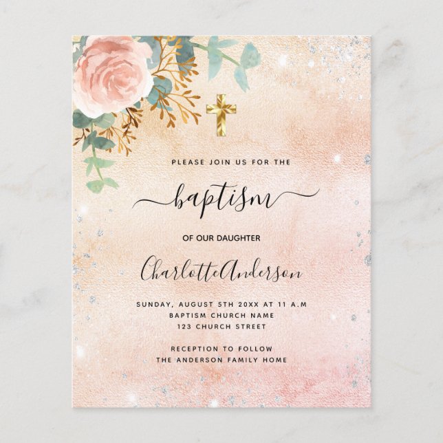 Baptism rose gold floral eucalyptus invitation flyer (Front)