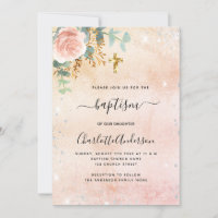 Baptism rose gold floral eucalyptus silver sparkle