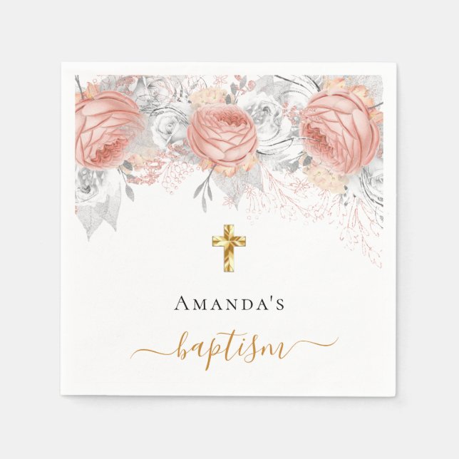 Baptism rose gold floral white elegant name girl napkin (Front)