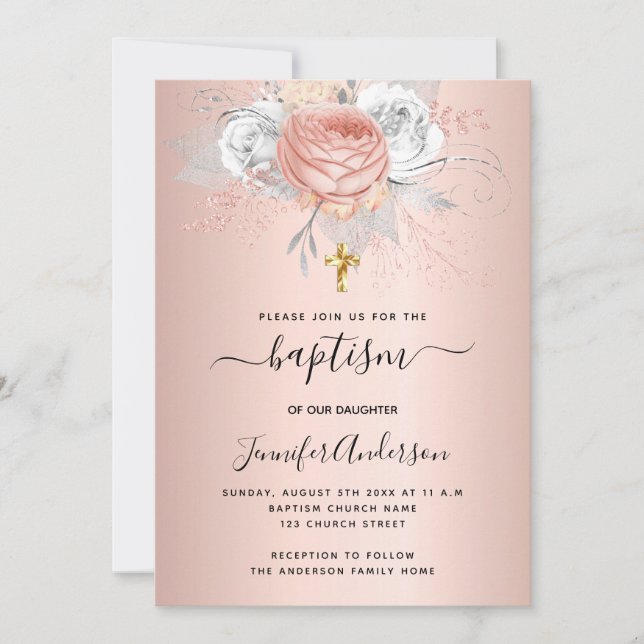 Baptism rose gold florals girl metal elegant invitation (Front)