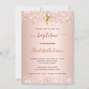 Baptism rose gold glitter dust blush girl invitation