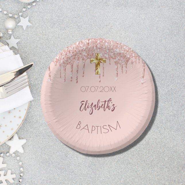 Baptism rose gold pink drips girl  paper plate (Creator Uploaded)