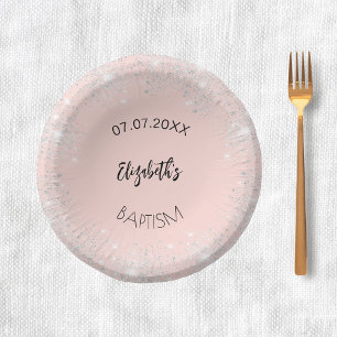 Baptism rose gold silver girl name paper plate