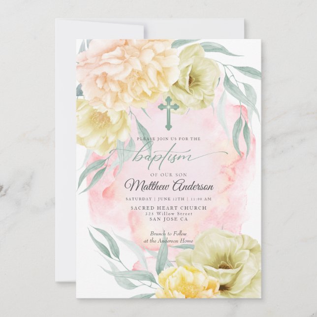 BAPTISM Rustic Ivory Coral Yellow Floral  Invitation (Front)