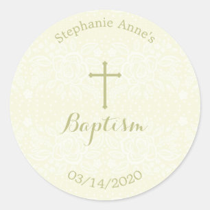 Baptism Sage Delicate Floral Lace Classic Round Sticker