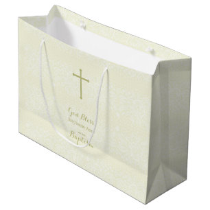 Baptism Sage Delicate Floral Lace Large Gift Bag