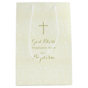 Baptism Sage Delicate Floral Lace Medium Gift Bag