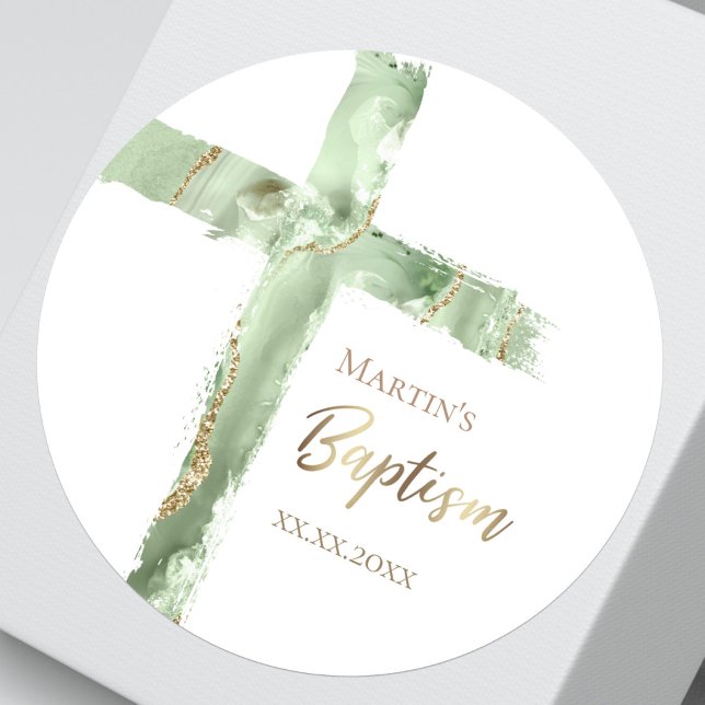 Baptism sage green agate Holy Cross Classic Round Sticker (Creator Uploaded)