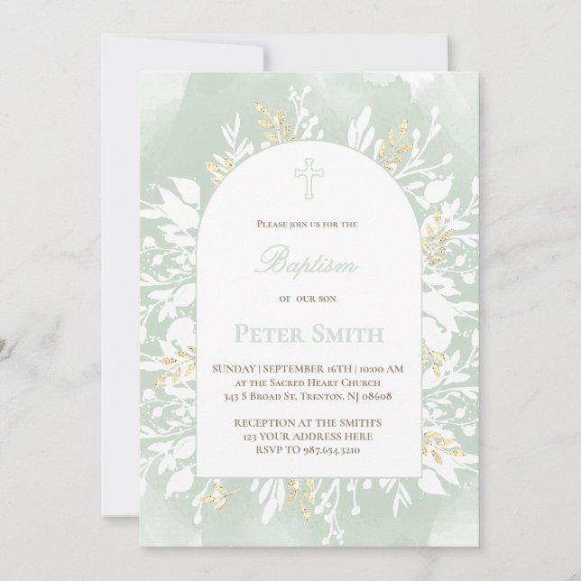Baptism sage green watercolor foliage  invitation (Front)