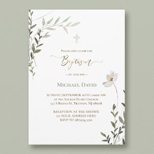Baptism sage green watercolor foliage invitation