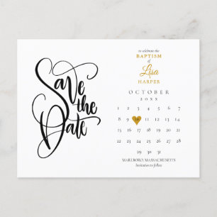 Baptism Save the Date Calendar Gold Heart Announcement Postcard