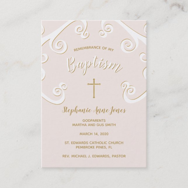 Baptism Scrolls in Pink and Gold Business Card (Front)