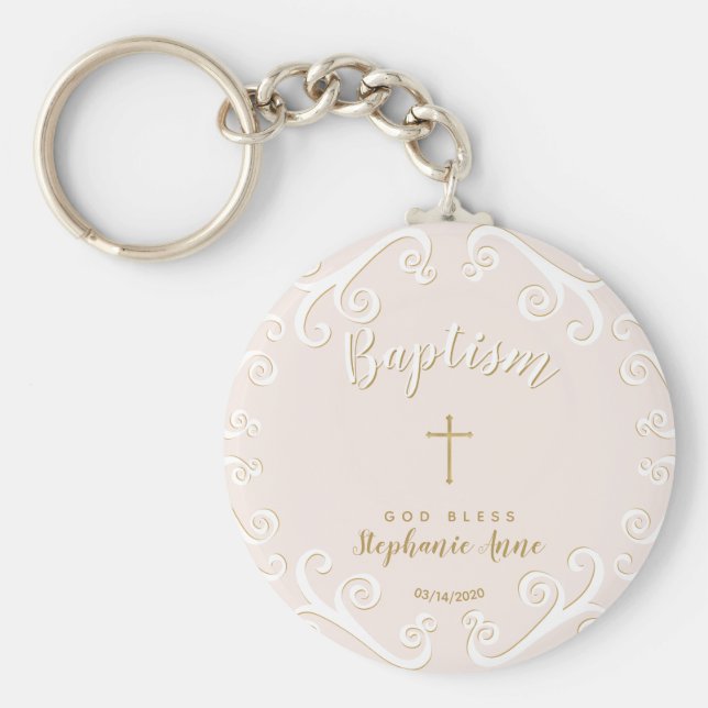 Baptism Scrolls in Pink and Gold Keychain (Front)