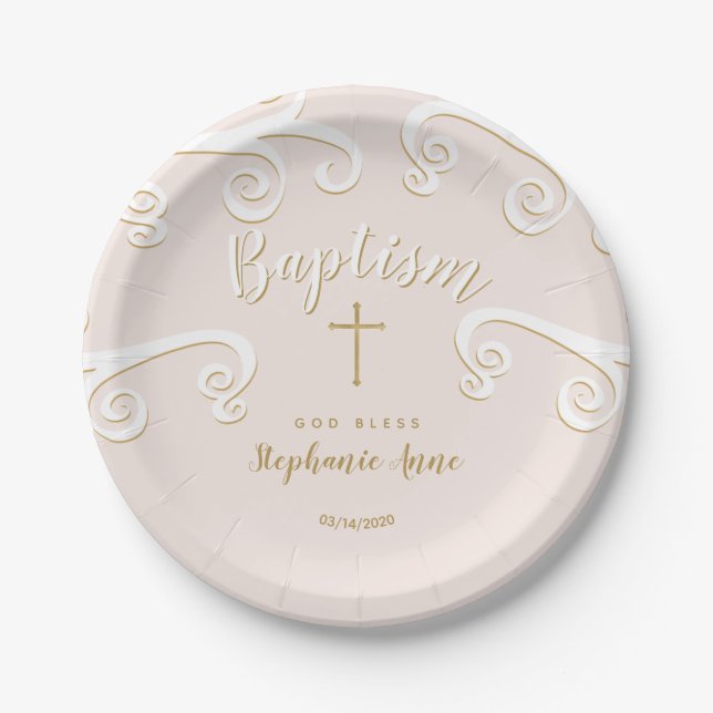 Baptism Scrolls in Pink and Gold Paper Plate (Front)
