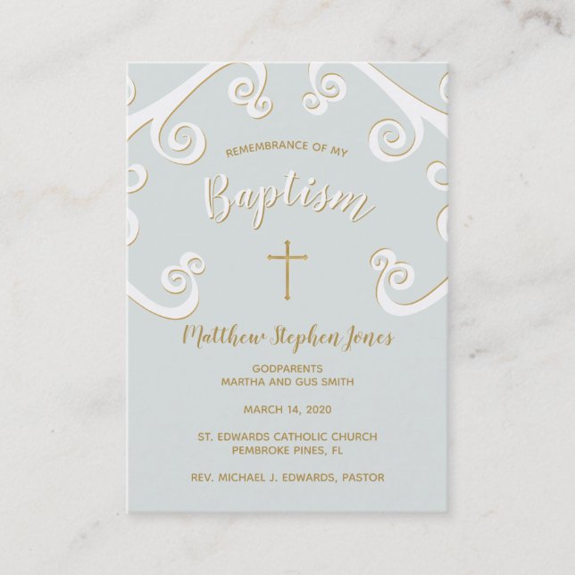Baptism Scrolls in Powder Blue and Gold Business Card (Front)