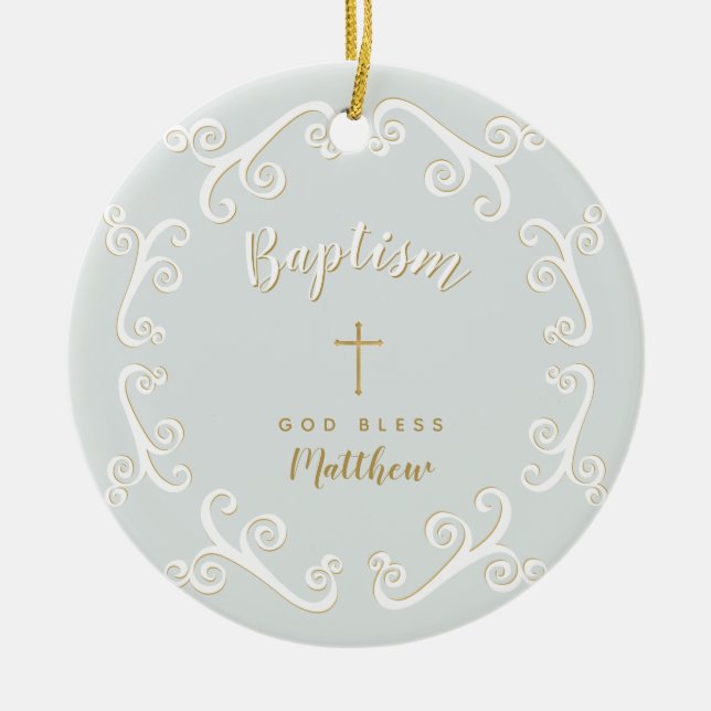 Baptism Scrolls in Powder Blue and Gold Ceramic Ornament (Front)