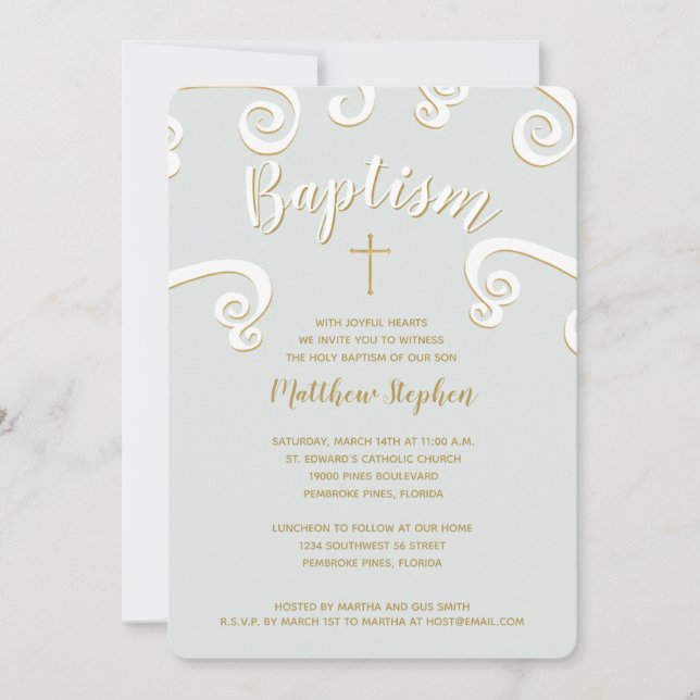Baptism Scrolls in Powder Blue and Gold Invitation (Front)