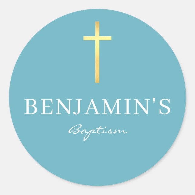 BAPTISM SEAL modern slim gold cross aqua sky blue (Front)
