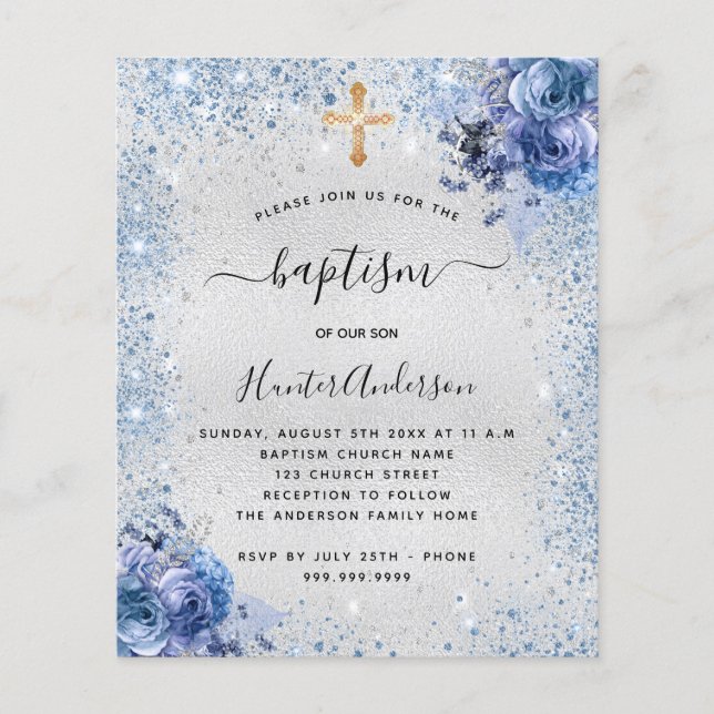 Baptism silver blue boy floral budget invitation (Front)