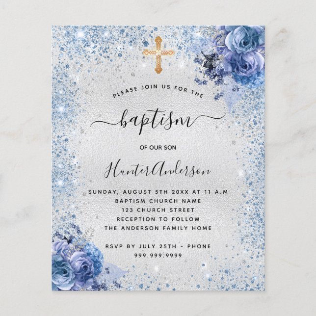 Baptism silver blue boy floral budget invitation flyer (Front)