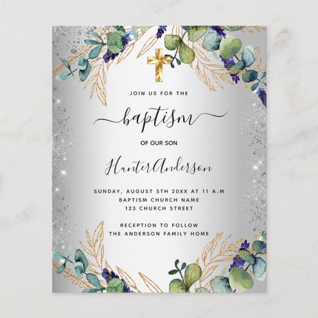 Baptism silver eucalyptus greenery invitation flyer (Front)