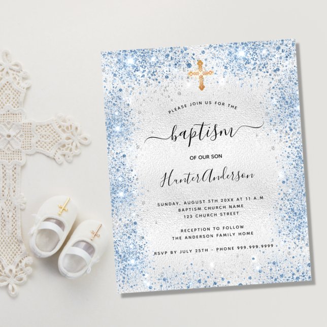 Baptism silver glitter blue boy budget invitation flyer (Creator Uploaded)