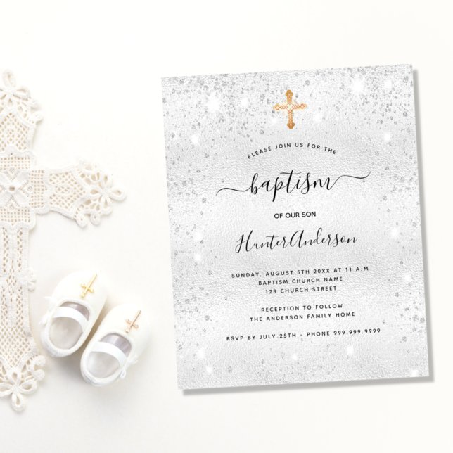 Baptism silver glitter boy girl budget invitation  flyer (Creator Uploaded)
