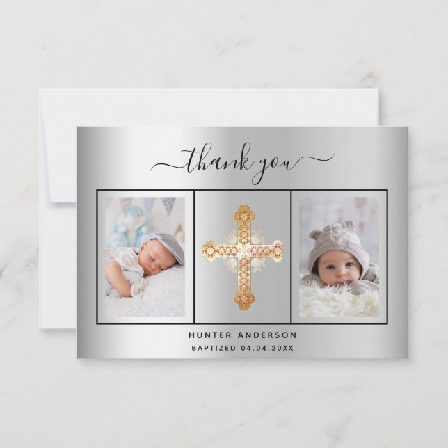 Baptism silver photo script boy thank you card (Front)