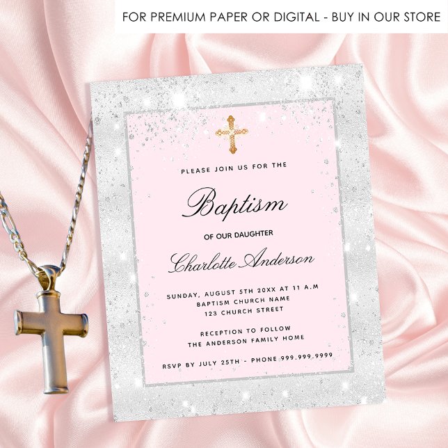 Baptism silver pink glitter girl budget invitation (Creator Uploaded)