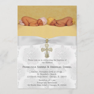 Baptism Silver Roses with photo Invitation