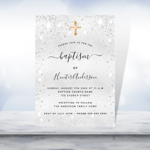 Baptism silver sparkle gold cross adult invitation
