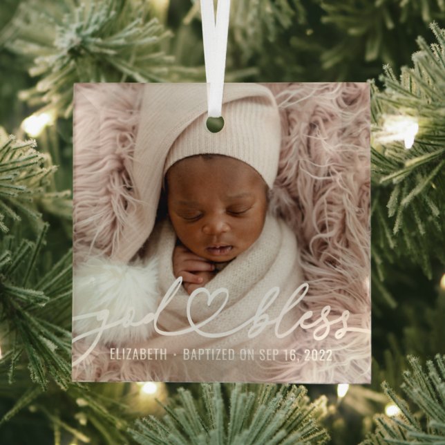 Baptism Simple Elegant Modern Heart Baby Photo Glass Ornament (Insitu)