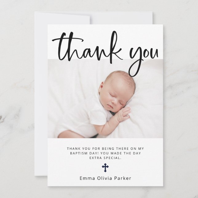 Baptism | Simple Minimal Black and White and Photo Thank You Card (Front)