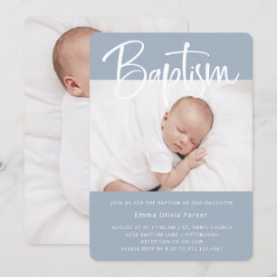 Baptism   Simple Minimal Blue with Two Photos Invitation