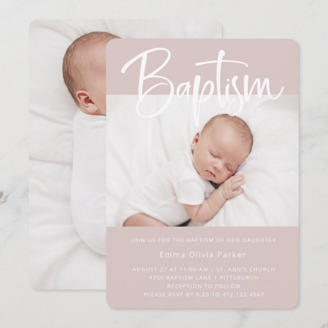 Baptism | Simple Minimal Pink with Two Photos Invitation (Front/Back)