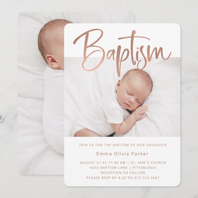 Baptism | Simple Minimal Rose Gold with Two Photos Invitation (Front/Back)