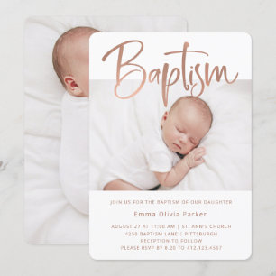 Baptism   Simple Minimal Rose Gold with Two Photos Invitation