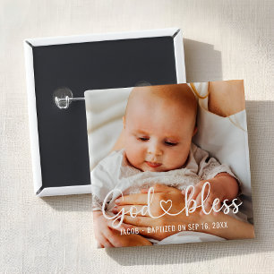 Baptism Simple Modern Heart Baby Photo 2 Inch Square Button