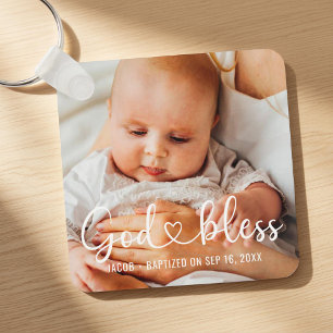 Baptism Simple Modern Heart Baby Photo Keychain