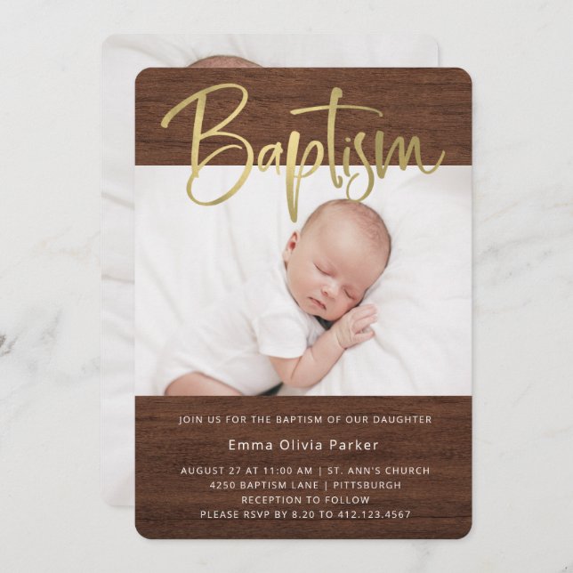 Baptism | Simple Rustic and Gold with Two Photos Invitation (Front/Back)